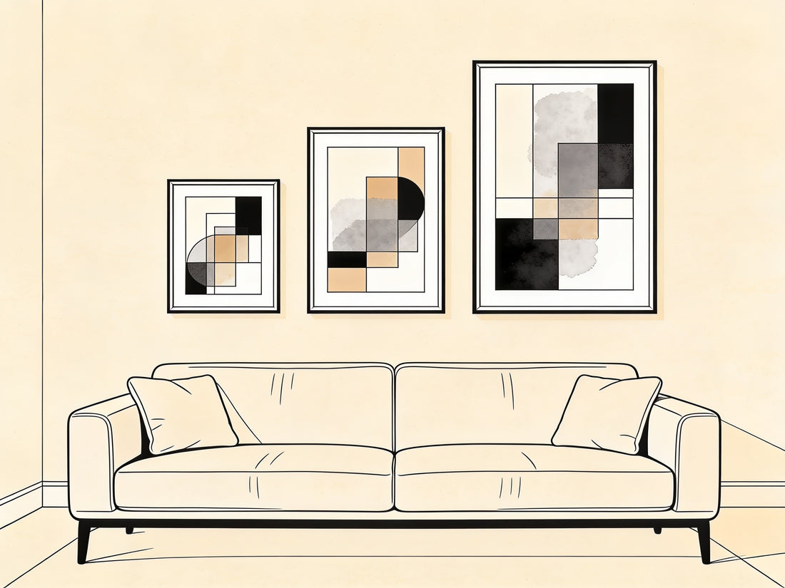 Illustration au trait : mur de salon avec trois posters encadrés aux formats A3, A2 et A1 au-dessus d'un canapé