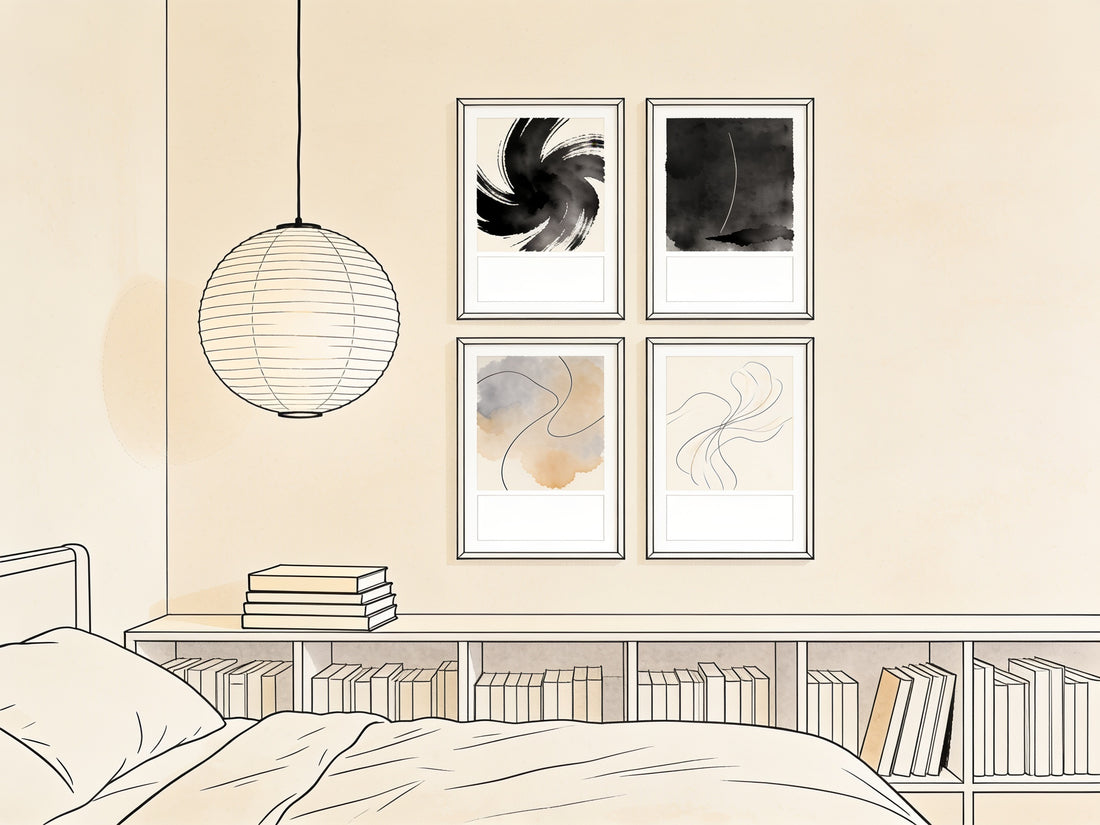 Mur de posters manga par famille de style, illustration décorative encre noire et papier beige