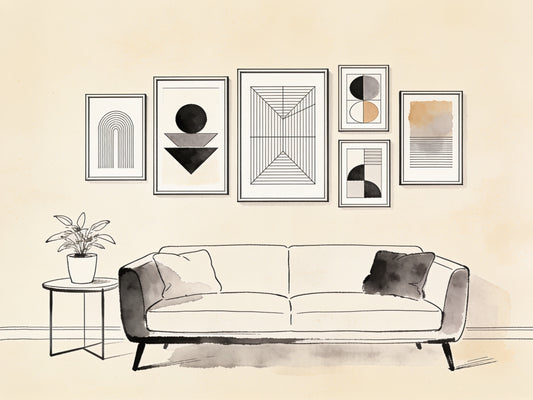 Mur de cadres avec cinq affiches déco de tailles variées au-dessus d'un canapé de salon, illustration ligne noire sur fond beige