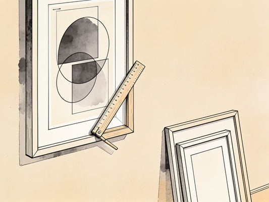 Cadre mural avec poster abstrait et règle pliante, illustration ligne noire sur fond beige