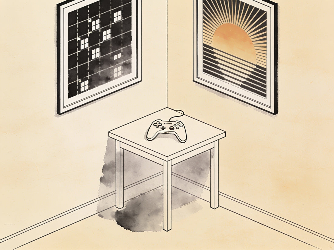 Illustration ligne noire sur beige d'un coin gaming avec deux affiches jeux vidéo encadrées, style pixel-art et néon rétro