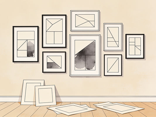 Illustration d'un mur de cadres avec gabarits en papier au sol pour planifier la disposition