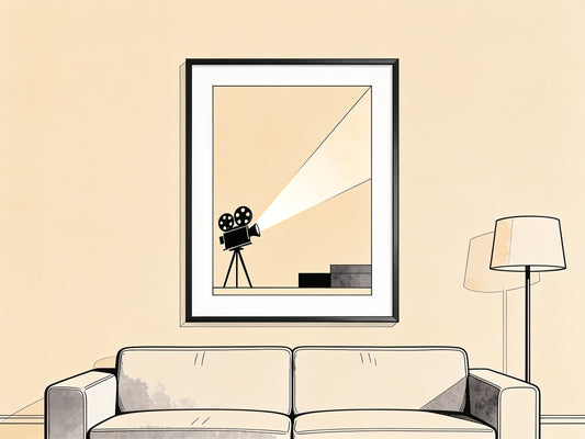 Affiche de cinéma minimaliste encadrée avec large passe-partout au-dessus d'un canapé de salon
