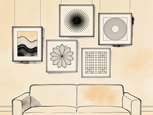 Mur de cadres avec compositions abstraites inspirées d'œuvres classiques du domaine public, illustration en ligne noire sur fond beige