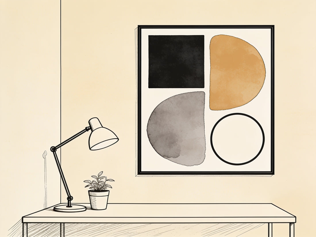 Bureau minimaliste avec une affiche Bauhaus géométrique encadrée au-dessus, illustration style croquis d'architecte