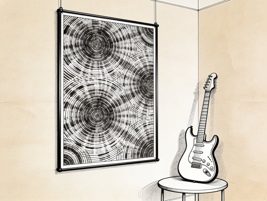 Croquis encre d'un coin salon avec une affiche rock encadrée motif anneaux concentriques et une guitare électrique en illustration ligne