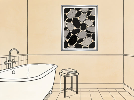 Affiche encadrée à motif abstrait de galets dans une salle de bain, illustration style croquis d'architecte