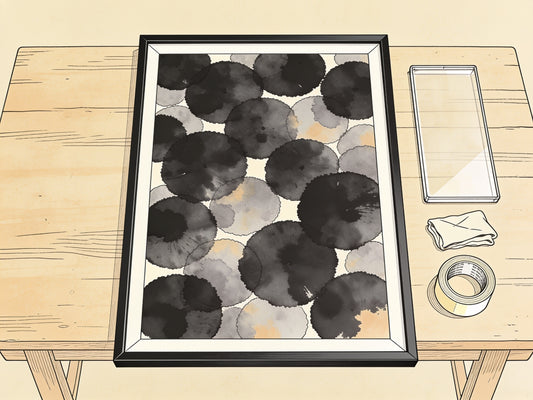 Encadrer une affiche : cadre posé sur une table avec vitre, affiche et chiffon, illustration au trait encre noire sur papier beige